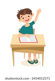 Smiling pupil raised his hand. Flat vector illustration in cartoon style.