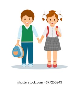 Smiling pupils holding hands.Boy and girl with school  backpacks. Vector illustration.Schoolchildren in uniform. Girl with white bow.Isolated on white background.