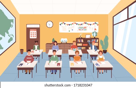 Smiling pupils sitting at desks in classroom. Geography room interior. Children listening lecture at primary school. Happy classmates studying. Vector illustration in flat cartoon style