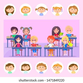 Smiling pupils sitting at table with books, kids reading literature, pink classroom. Round stickers of girls and boys, classmate portrait view vector. Back to school concept. Flat cartoon