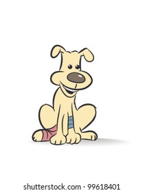  A smiling puppy with bandages on two legs. Vector cartoon art with transparent background.