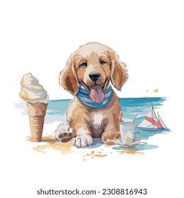 Smiling Puppy_Ice Cream Beach_Watercolor Vector