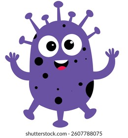 Smiling purple cartoon virus with black spots and waving hands. Fun microbe character.
