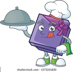 smiling purple gift box as a Chef with food cartoon style design