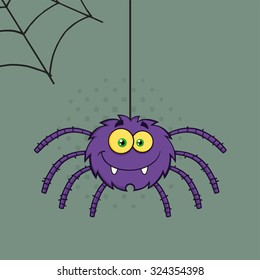 Smiling Purple Halloween Spider Cartoon Character On A Web With Text. Vector Illustration With Background