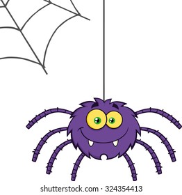 Smiling Purple Halloween Spider Cartoon Character On A Web. Vector Illustration Isolated On White