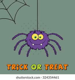 Smiling Purple Halloween Spider Cartoon Character On A Web With Text. Vector Illustration Greeting Card