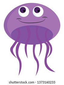 A smiling purple-colored cartoon jellyfish with umbrella-shaped bells bulging eyes and trailing tentacles vector color drawing or illustration 