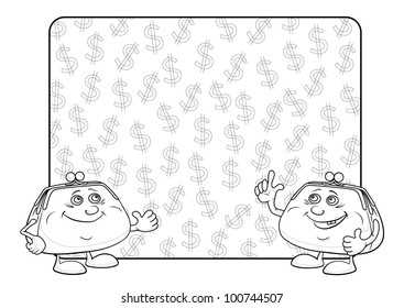 Smiling purses shows the thumb up against the background of the poster with dollars, contour. Vector