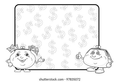Smiling purses shows the thumb up against the background of the poster with dollars, contour. Vector