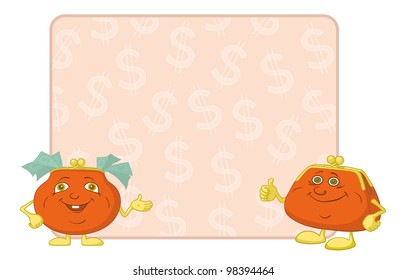 Smiling purses shows the thumb up against the background of the poster with dollars. Vector