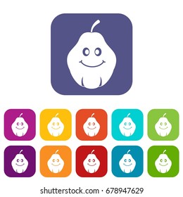 Smiling quince fruit icons set vector illustration in flat style In colors red, blue, green and other