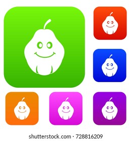 Smiling quince fruit set icon color in flat style isolated on white. Collection sings vector illustration