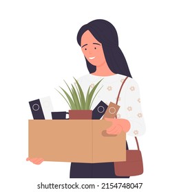 Smiling quitting girl with office box. Employee resignation, worker dismissal vector illustration