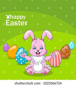 Smiling Rabbit Cartoon Girl with Eggs, Beautiful Bunny, Easter Background - Illustration Vector