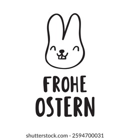 Smiling rabbit. Frohe Ostern. Happy Easter in German. Illustration on white background.