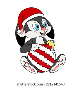 Smiling rabbit holding New Year's toy. Cartoon character of bunny or hare in santa hat preparing for the holiday. Year of the Rabbit. Rabbit as a symbol of 2023 Chinese New Year. New year art for kids