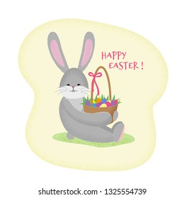 Smiling rabbit holds an Easter basket with colored eggs. Vector flat illustration with texture. Stylized cartoon cute rabbit character  for postcard, banner, poster, packing etc.