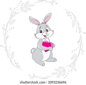 Smiling rabbit with pink heart in floral frame. Vector