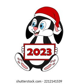 Smiling rabbit is sitting and holding card with text. Cute black bunny in santa hat for kids. Cartoon Black Rabbit as a symbol of 2023 Chinese New Year. Zodiac character for the New Year and Christmas