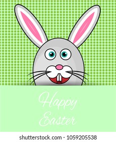 Smiling rabbit, situated on dotted green background, text Happy Easter