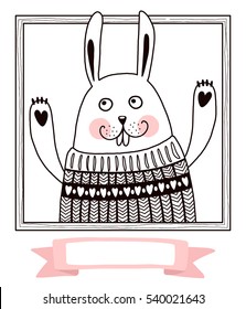 Smiling rabbit in sweater. Template cards or invitations