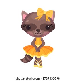 Smiling Raccoon in Ballerina Dress and Bow on Head Dancing Vector Illustration