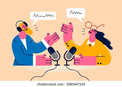 Smiling radio host talk with guest on microphone on live stream in air. Happy presenter have communication with speaker, record podcast together. Entertainment and amusement. Vector illustration. 