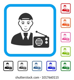 Smiling Radio Listener vector pictogram. Human face has glad emotions. Black, gray, green, blue, red, orange color additional versions of radio listener symbol inside a rounded squared frame.