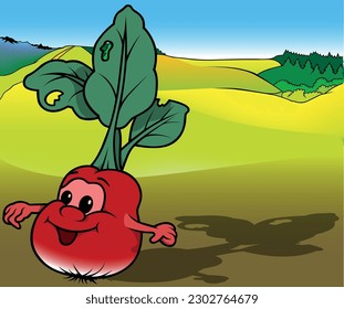 Smiling Radish with Hands and Green Leaves - Colored Cartoon Illustration with Background, Vector