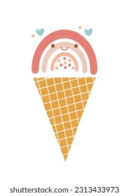 Smiling rainbow ice cream in boho style.  Kawaii rainbow in waffle cup cone. Sweet design element, clipart, illustration for poster, card, print. Vector