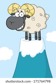 Smiling Ram Sheep Cartoon Mascot Character On Top Of A Mountain Peak. Vector Illustration
