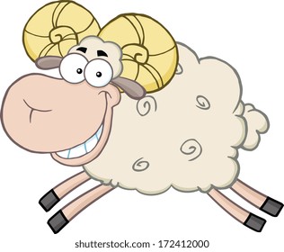 Smiling Ram Sheep Cartoon Mascot Character Jumping. Vector Illustration Isolated on white
