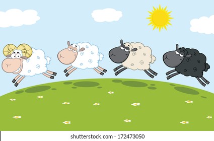 Smiling Ram Sheep Leading Three Sheep. Vector Illustration