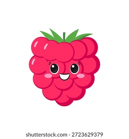 Smiling raspberry, cute and fun cartoon character, tasty and healthy berry, big eyes, emotions joy delight, happy face, kawaii style, icon vector children's illustration.