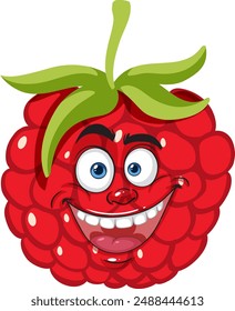 Smiling raspberry with expressive eyes and green leaves