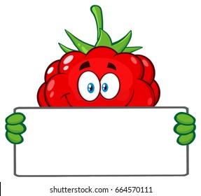 Smiling Raspberry Fruit Cartoon Mascot Character Holding A Blank Sing. Vector Illustration Isolated On White Background