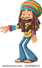 Smiling Rastafarian man in vibrant attire gesturing.