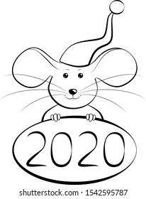 Smiling rat in christmas winter hat vector illustration new year symbol 2020. Iillustration for greeting cards, calendars, prints. Hand draw mouse for christmas design. Isolated on a white background