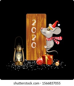 Smiling rat in christmas winter hat and antique lamp New year symbol 2020. Hand draw mouse for christmas design. Isolated on a black background. Illustration for greeting cards, calendars, prints