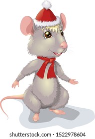 Smiling rat in christmas winter new year red hat and red scarf vector illustration symbol 2020