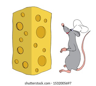 A smiling rat cook is looking at a piece of cheese. Flat style. Freehand drawing. New year design element.