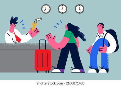 Smiling receptionist give key to couple traveler check in to hotel. Happy attentive male reception worker meet tourists guests in lobby. Travel and tourism concept. Flat vector illustration. 