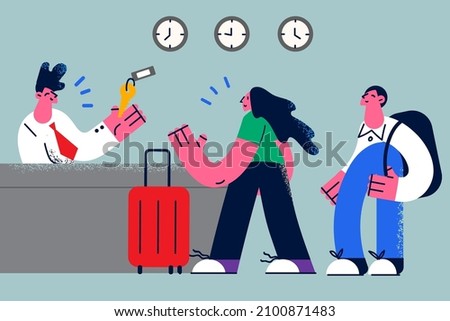 Smiling receptionist give key to couple traveler check in to hotel. Happy attentive male reception worker meet tourists guests in lobby. Travel and tourism concept. Flat vector illustration. 