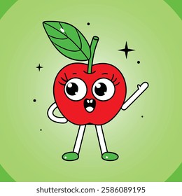 Smiling red apple character with big eyes waving happily on a green background in a cute and playful kawaii style