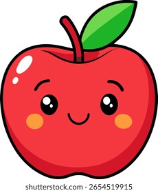 Caráter de maçã vermelha sorridente com olhos bonitos e folha de desenho animado em estilo plano colorido para clipart ou impressão