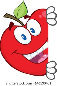 Smiling Red Apple Character Hiding Behind A Sign. Vector Illustration
