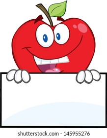 Smiling Red Apple Hiding Behind A Sign. Vector EPS 10