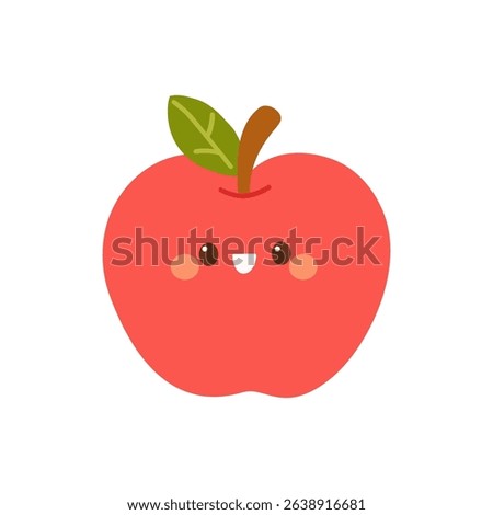 Smiling red apple vector with leaf and stem in cute, friendly style.
 Use for classroom art, food icons, and fun fruit-themed graphics.