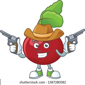 Smiling red beet greens mascot icon as a Cowboy holding guns